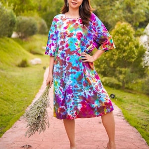 Painted Sky Hand Dyed Boho Cotton Dress with Pockets, Hippie Oversized Tunic Kaftan Shirtdress, Tie Dye Clothing, Loungewear