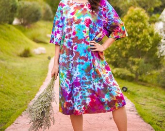 Painted Sky Hand Dyed Boho Cotton Dress with Pockets, Hippie Oversized Tunic Kaftan Shirtdress, Tie Dye Clothing, Loungewear