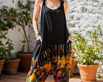 Boho Hand Dyed Dungarees Overalls Jumpsuit with Pockets, Tie Dye Romper, Hippie Boho Clothing, Tie Dye Pants, Festival Clothing