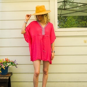 Magenta Semi Sheer Beach Swimsuit Cover Up , Oversize Boho Tunic Kaftan, Beachwear, Boho Clothing, Poncho, Loungewear