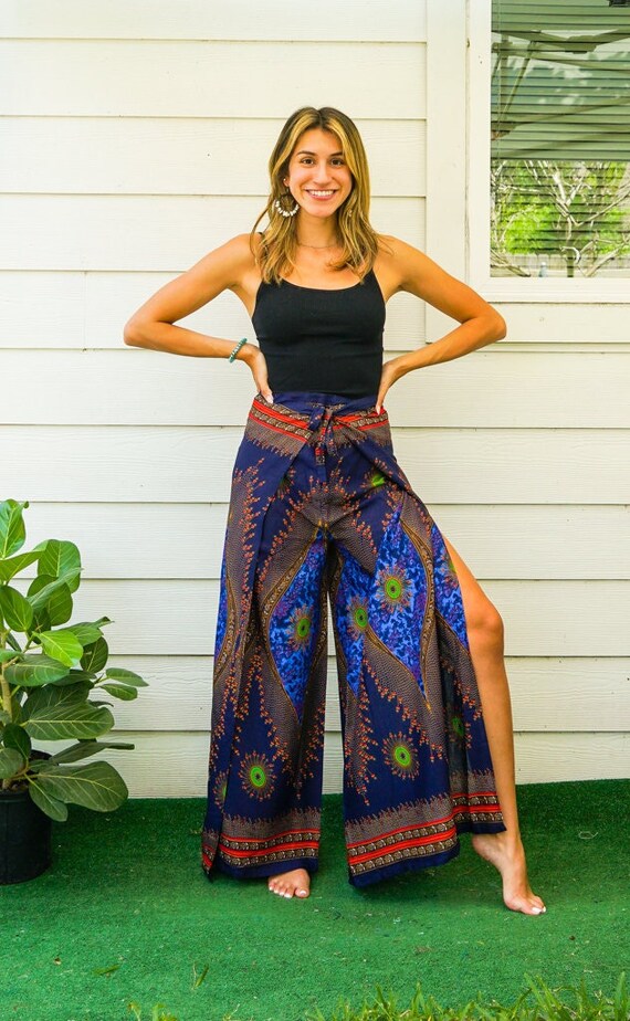 Boho Palazzo Pants Peacock Print Navy Blue, Open Legs Trousers, Flowy Beach  Pants, Comfy Wrap Pants, Festival Pants, Hippie Dance Pants 