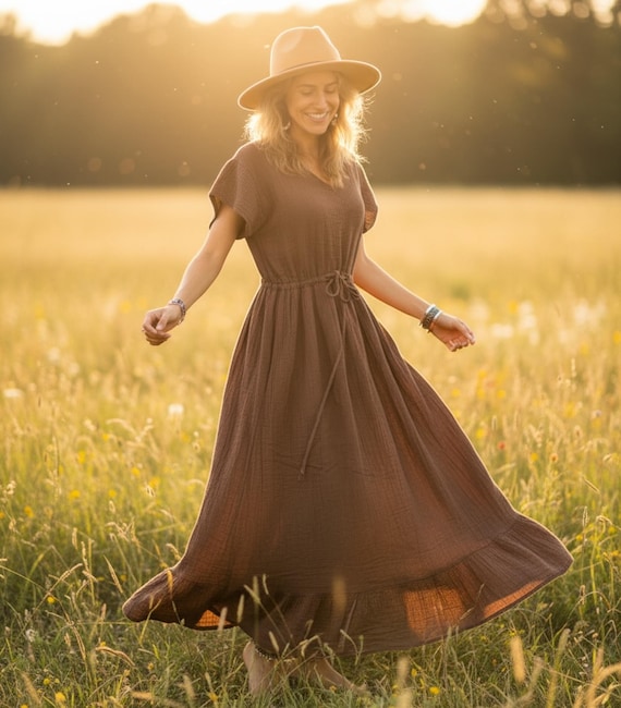 Rustic Brown Triple Gauze Cotton Boho Maxi Dress / Boho Clothing - Etsy
