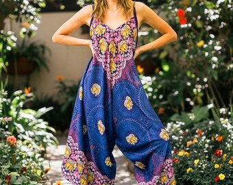 Kombinezon Boho Elephant Spirit, spodnie z kieszeniami, letni kombinezon z szerokimi nogawkami, kombinezon ze spodniami typu harem do jogi, odzież domowa