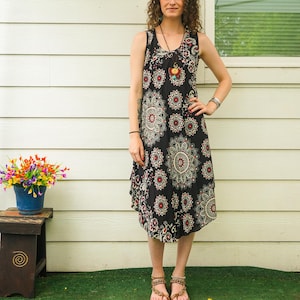 Black Mandala Paisley Boho Dress, Beach SunDress, Summer Midi Dress, Boho Clothing, Vacation Dress