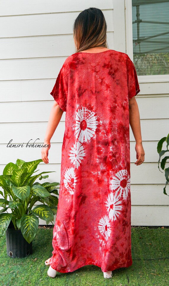 red and white tie dye maxi dress Red Tie Dye Kaftan Dress, Boho Maxi Dress With Pockets