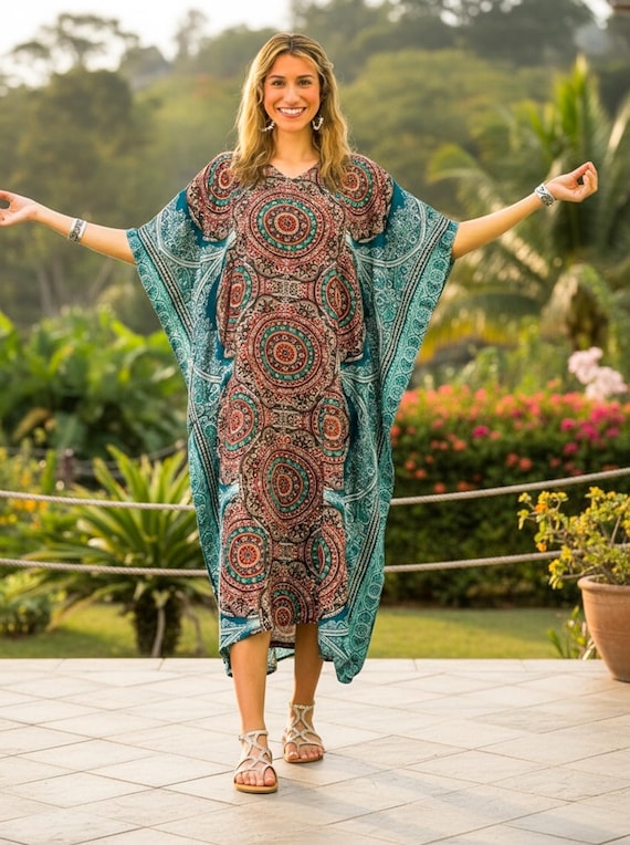 Earthy Mandala Kimono Kaftan Dress, Loose Fit Boho Dress, Beachwear, Loungewear, Swimsuit Cover Up, Boho Poncho, Boho Clothing