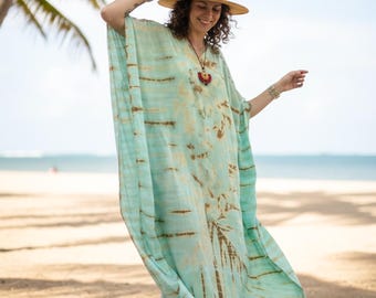Vestido caftán bohemio teñido anudado menta: prenda playera extragrande, caftán maxi bohemio, ropa de resort, vestido caftán holgado