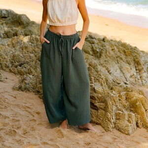 Raw Natural Double Gauze Cotton Wide Legs Pants | Drawstring Lounge Pants, Boho Cotton Pants, Boho Clothing