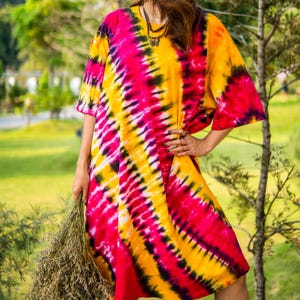 Fiesta Dream Hand Dyed Boho Cotton Dress with Pockets, Hippie Oversized Tunic Kaftan Shirtdress, Tie Dye Clothing, Loungewear