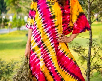 Fiesta Dream Hand Dyed Boho Cotton Dress with Pockets, Hippie Oversized Tunic Kaftan Shirtdress, Tie Dye Clothing, Loungewear