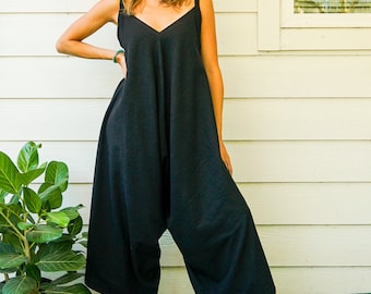 Woven Cotton Boho Yoga Jumpsuits Rompers Pants with Pockets, Loose Overalls, Wide Legs Jumpsuits, Organic Jumpsuit