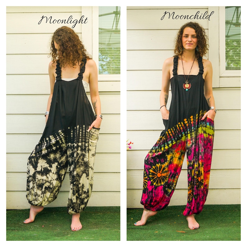 Boho Hand Dyed Boho Dungarees Overalls Jumpsuit with Pockets, Tie Dye Romper, Hippie Boho Clothing, Tie Dye Pants, Festival Clothing Moonlight