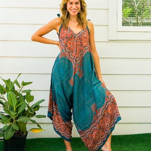 Teal Mandala | Boho Jumpsuit Rompers Pants with Pockets | Wide Leg Summer Jumpsuit | Yoga Harem Pants Jumpsuit | Loungewear | Swimsuit Cover