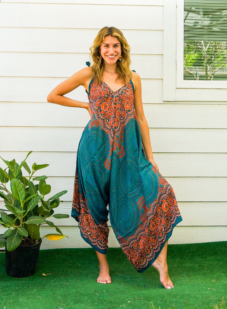 Teal Mandala | Boho Jumpsuit Rompers Pants with Pockets | Wide Leg Summer Jumpsuit | Yoga Harem Pants Jumpsuit | Loungewear | Swimsuit Cover