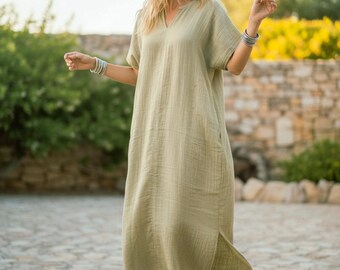 Sage Meadow Double Gauze Cotton Dress with Pockets / Boho Maxi Dress / Cotton Kaftan Dress / Loungewear