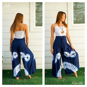 Hand Dyed Palazzo Harem Flow Pants, Wrap Pants-Open Flow, Shibori Genie Pants, Bohemian Flow Pants, Tie Dye Festival Pants Harbor Blue