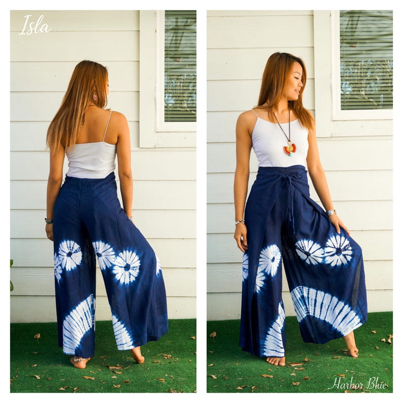 Hand Dyed Palazzo Harem Flow Pants, Wrap Pants-Open Flow, Shibori Genie Pants, Bohemian Flow Pants, Tie Dye Festival Pants Harbor Blue