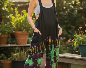 Boho Hand Dyed Dungarees Overalls Jumpsuit with Pockets, Tie Dye Romper, Hippie Boho Clothing, Tie Dye Pants, Festival Clothing