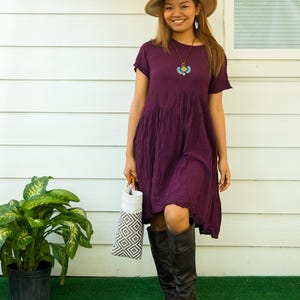 Mangosteen Raw Natural Crinkled Cotton Midi Dress with Pockets, Boho Dress, Cotton Dress, Boho Sundress, Boho Clothing