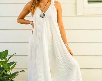 Organic Triple Gauze Cotton Jumpsuit | Wide Leg Lounge Dungarees, Minimalist Boho Romper, Relaxed Maxi Jumpsuit, Soft Loungewear