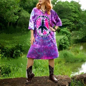 Peace & Love Hand Dyed Boho Cotton Dress with Pockets, Hippie Oversized Tunic Festival Shirt Kaftan Dress, Tie Dye Clothing, Loungewear