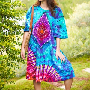 Boho Diamond Hand Dyed Boho Cotton Dress with Pockets, Hippie Oversized Tunic Kaftan Shirtdress, Tie Dye Clothing, Loungewear