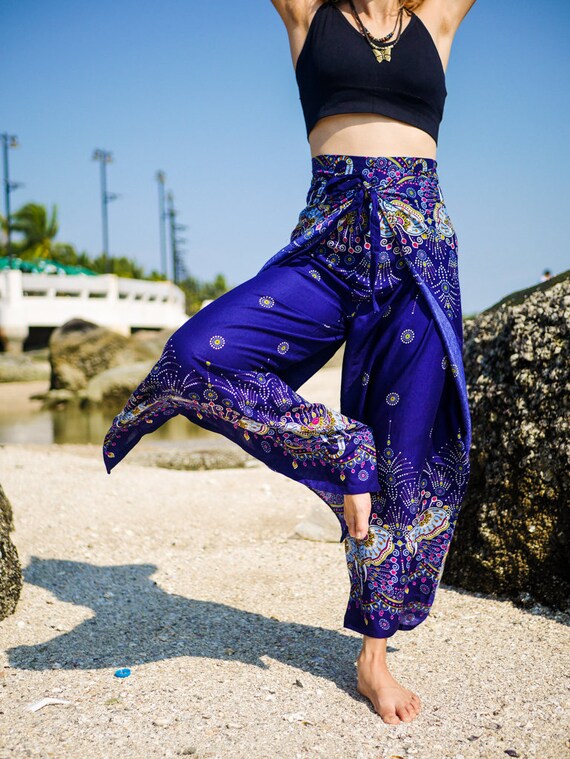 Blue Elephant Palazzo Wrap Pants, Boho Pants, Beach Pants, Harem