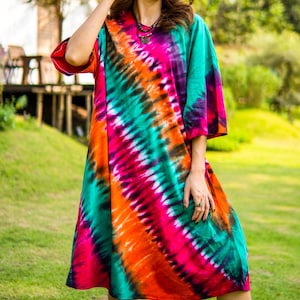 Boho Rainbow Hand Dyed Cotton Dress with Pockets, Hippie Oversized Tunic Kaftan Shirtdress, Tie Dye Clothing, Loungewear