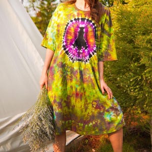 Forest Peace Hand Dyed Boho Cotton Dress with Pockets, Hippie Oversized Tunic Blouse Kaftan Shirtdress, Tie Dye Clothing, Loungewear