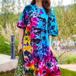 Nebula Dream Hand Dyed Boho Cotton Dress with Pockets, Hippie Oversized Tunic Kaftan Shirtdress, Tie Dye Clothing, Loungewear