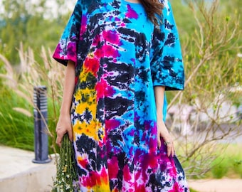 Nebula Dream Hand Dyed Boho Cotton Dress with Pockets, Hippie Oversized Tunic Kaftan Shirtdress, Tie Dye Clothing, Loungewear