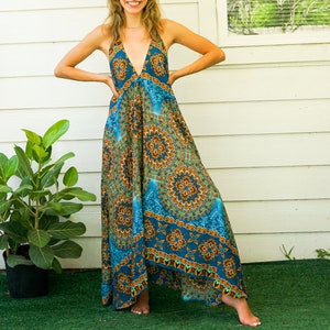 Turquoise Floral Mandala Boho Maxi Dress, Beach SunDress, Summer Dress, Boho Clothing, Vacation Dress