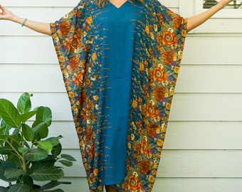 Teal Floral Boho Kaftan Dress, Loose Fit Bohemian Maxi Dress, Beach Wear, Boho Clothing, Oversize Kaftan Dress, Boho Poncho, Loungewear