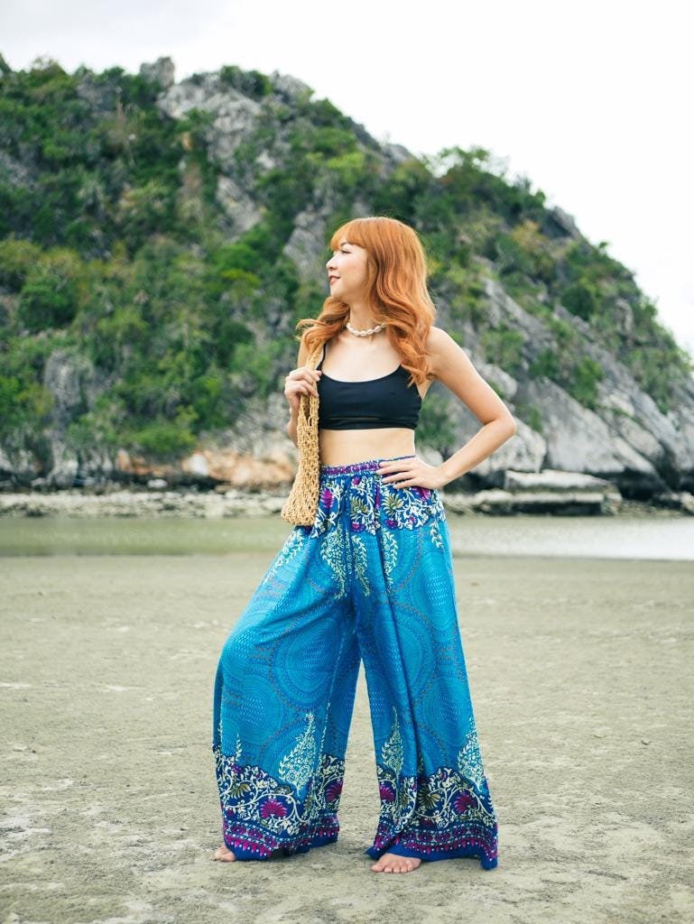 Turquoise Blue Mandala Wide Leg Palazzo Pants, Elastic Waist Pants