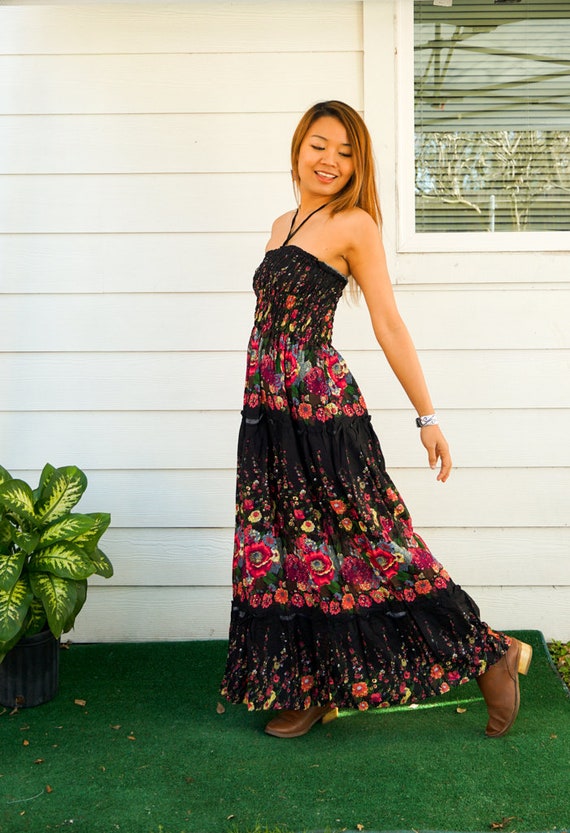 Floral Tiered Maxi Dress Boho Sundress Halter Top Dress Boho