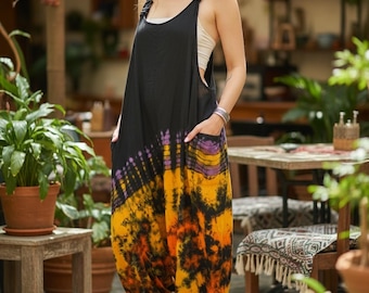 Boho Hand Dyed Dungarees Overalls Jumpsuit with Pockets, Tie Dye Romper, Hippie Boho Clothing, Tie Dye Pants, Festival Clothing