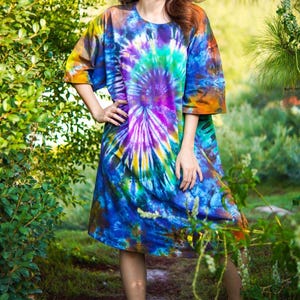 Moonflower Purple Hand Dyed Boho Cotton Dress with Pockets, Hippie Oversized Tunic Kaftan Shirtdress, Tie Dye Clothing, Loungewear