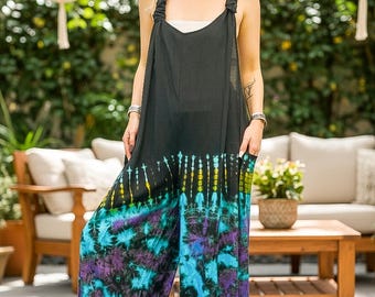 Boho Hand Dyed Dungarees Overalls Jumpsuit with Pockets, Tie Dye Romper, Hippie Boho Clothing, Tie Dye Pants, Festival Clothing