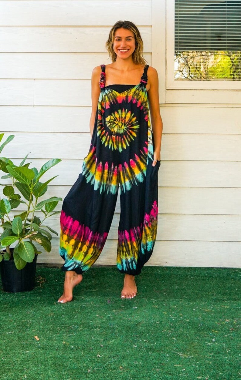 Hand Dyed Dungarees Overalls Jumpsuit with Pockets, Tie Dye Romper, Hippie Clothing, Tie Dye Pants, Festival Clothing, Tie Dye Clothing image 2