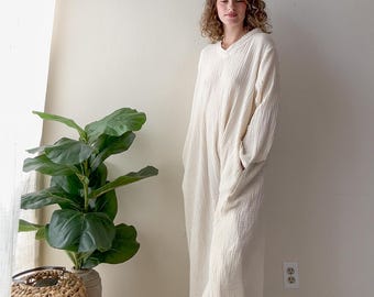 Vestido caftán de algodón orgánico natural de triple gasa con bolsillos / Vestido largo bohemio relajado / Ropa minimalista para el día a día