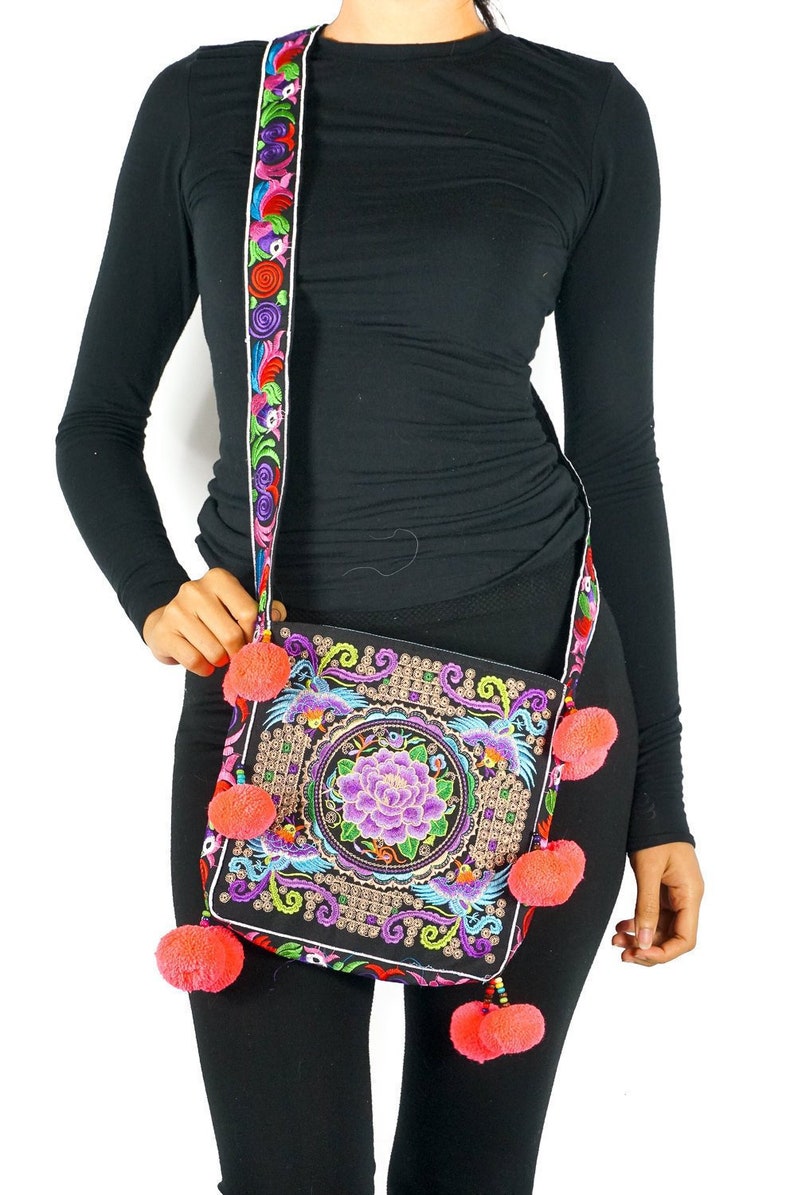 Embroidered Boho Bag Hmong Fabric Handmade Pom Pom Crossbody Bag Satchel Woman Gift