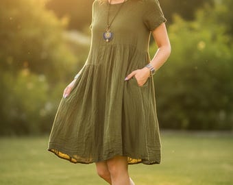 Olive Green Raw Natural Crinkled Cotton Midi Dress with Pockets, Boho Dress, Cotton Summer Dress, Boho Sundress, Boho Clothing