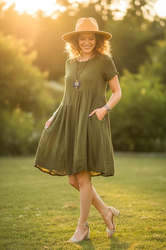 Olive Green Raw Natural Crinkled Cotton Midi Dress with Pockets, Boho Dress, Cotton Summer Dress, Boho Sundress, Boho Clothing