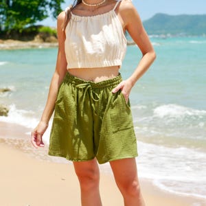 Raw Natural Double Gauze Cotton Shorts | Drawstring Pocket Shorts | Boho Minimalist Shorts | Lounge Shorts | Beach Shorts