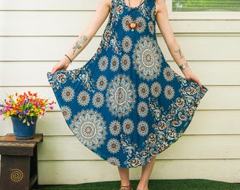 Boho Midi Dress, Beach Sundress, Summer Dress, Vacation Dress, Resort Wear, Bohemian Clothing