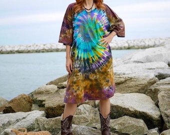 Earthy Swirl Hand Dyed Boho Cotton Dress with Pockets, Hippie Oversized Tunic Festival Shirt Kaftan Dress, Tie Dye Clothing, Loungewear