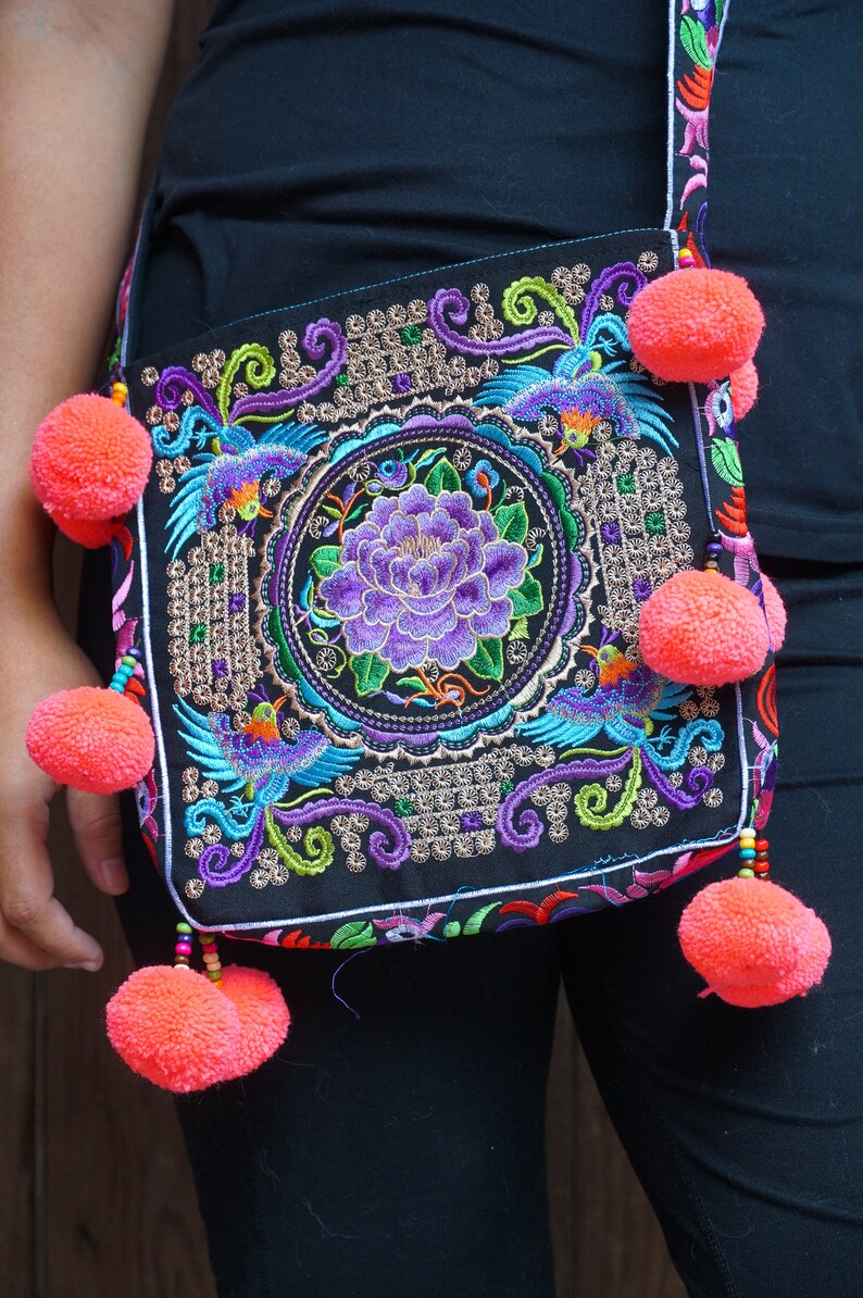 Embroidered Boho Bag Hmong Fabric Handmade Pom Pom Crossbody Bag Satchel Woman Gift