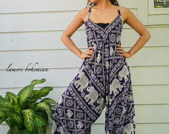 Purple Elephant Boho Jumpsuit Rompers Pants, Boho Clothing, Wide Leg Jumpsuit, Summer Jumpsuit, Hippie Jumpsuit, Loungewear