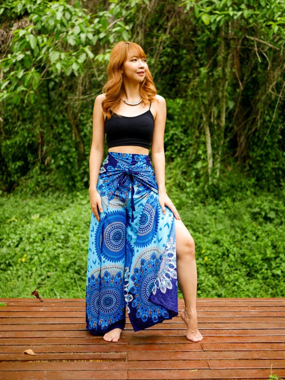Blue Floral Mandala Palazzo Wrap Pants, Boho Pants, Beach Pants