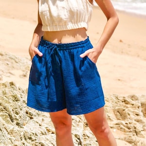 Raw Natural Double Gauze Cotton Shorts | Drawstring Pocket Shorts | Boho Minimalist Shorts | Lounge Shorts | Beach Shorts